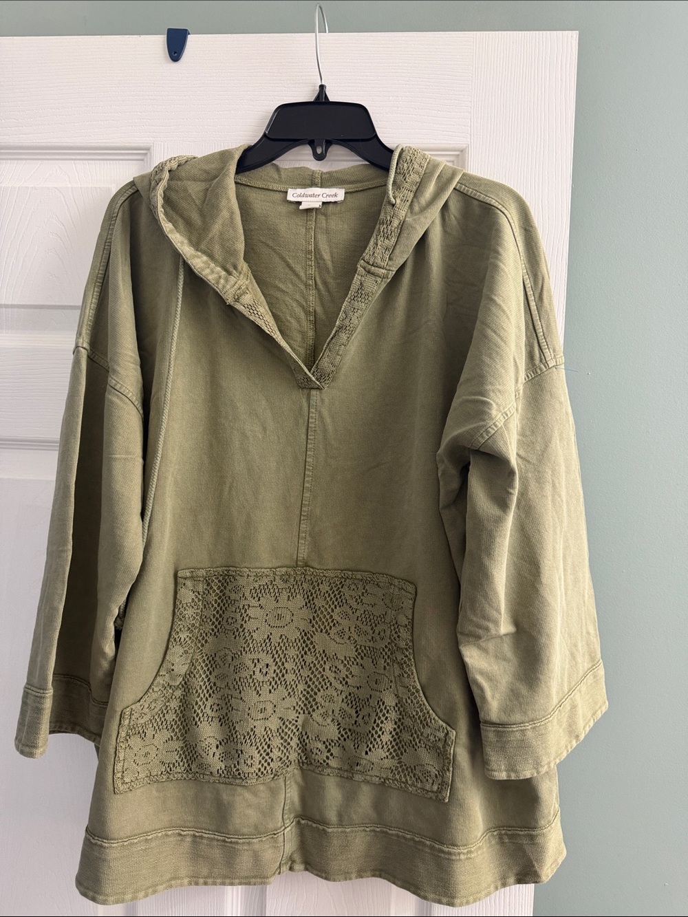 Coldwater Creek Olive Green V-Neck Hooded Pullover with Lace Pocket